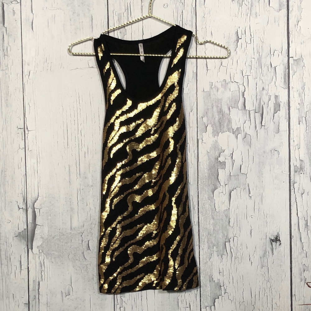 Heart & Hips Black/Gold Zebra Sequins Tank Top Sm